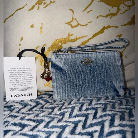 Coach Corner Zip Wristlet In Loved Denim With Charms - Picture 6 of 9
